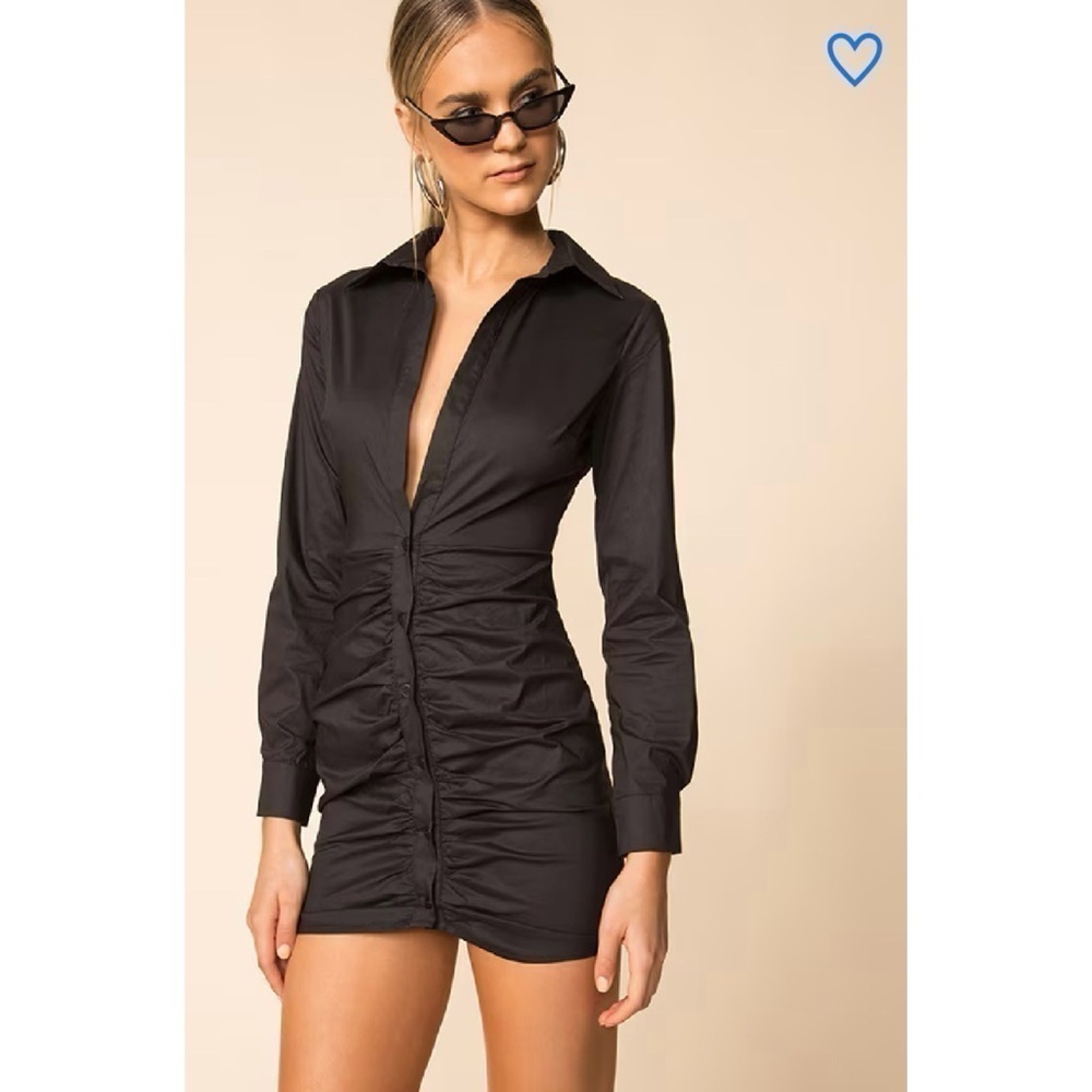 Superdown Dress Colette Ruched Shirt Dress Mini Long Sleeve Plunge Neck Black M